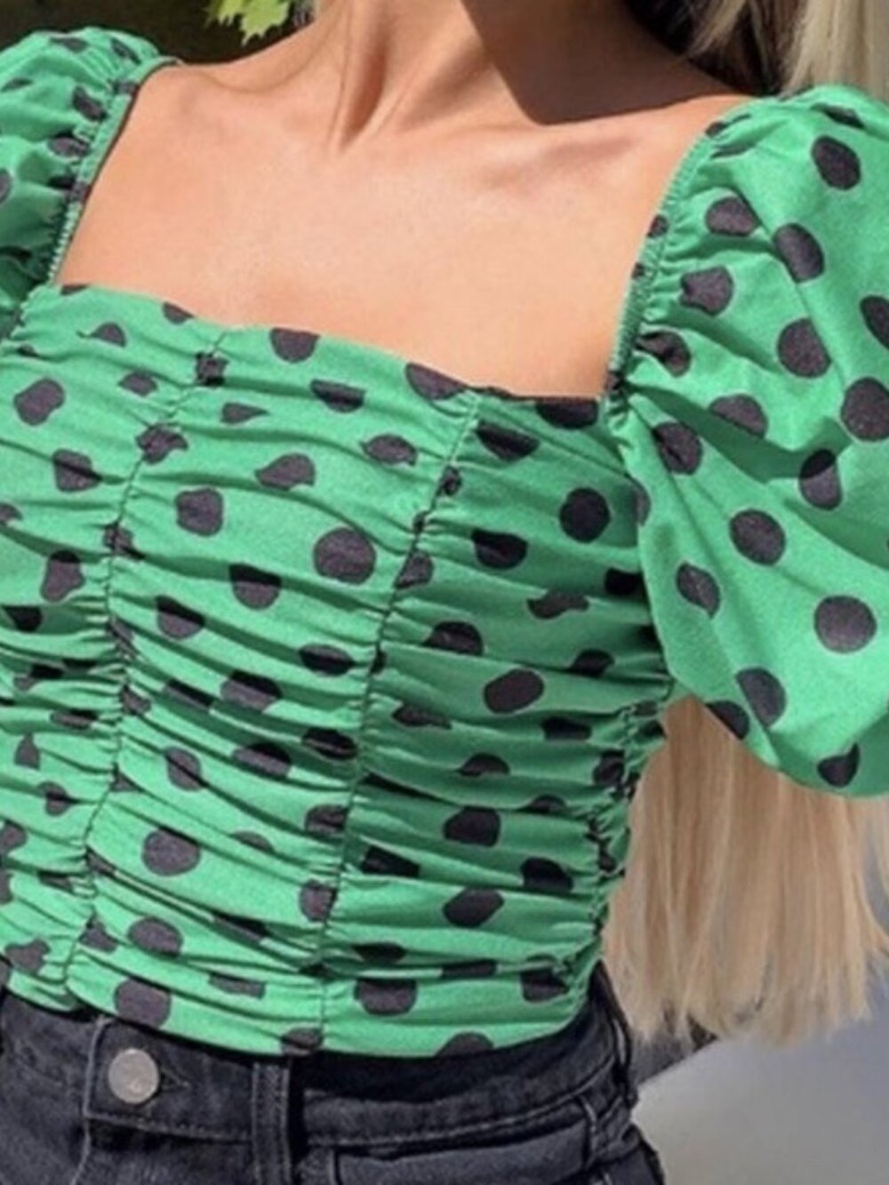 ASOS Green Polka Dot Ruched Puff Sleeve Square Neck Top – Size 12